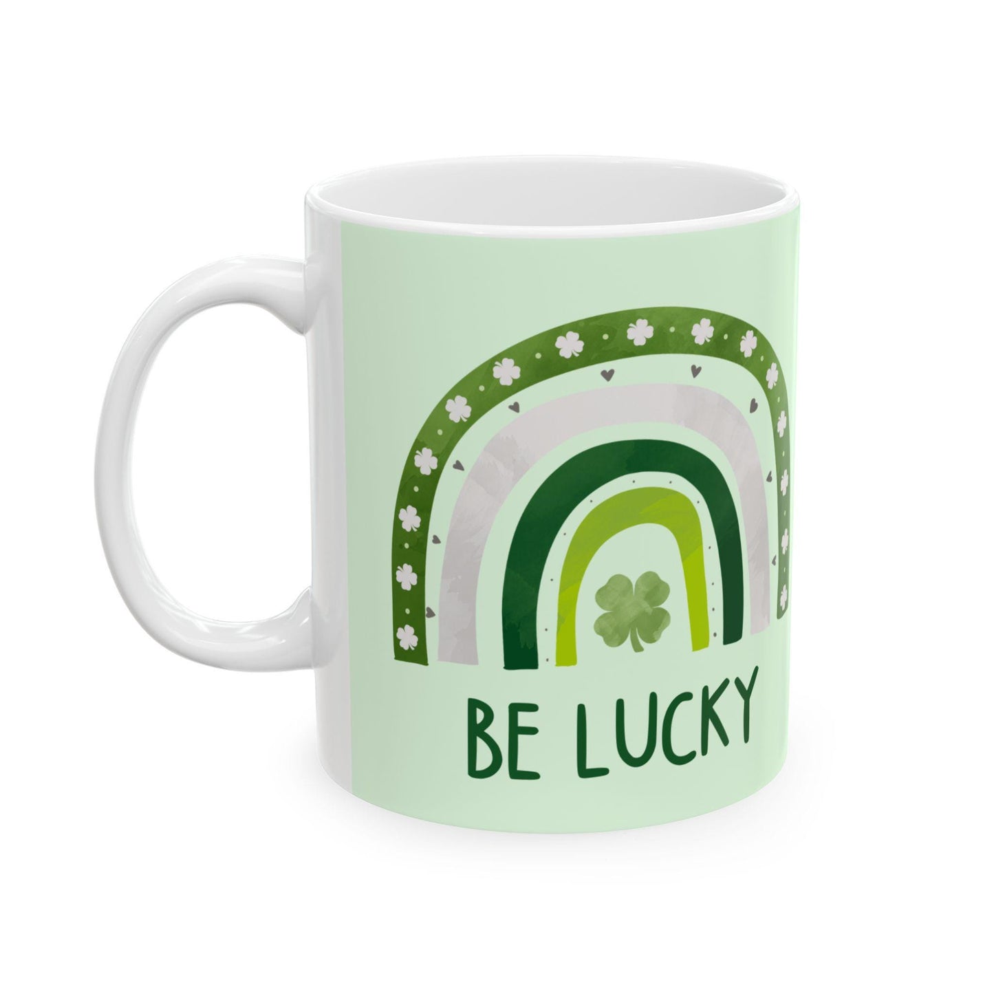 St. Patrick's Day Ceramic Mug | 4-Leaf Clover, Green Rainbow and Lucky Design | 11oz and 15oz | Irish Gift for St. Patty's Day Celebration