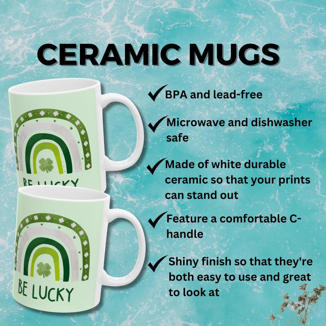 St. Patrick's Day Ceramic Mug | 4-Leaf Clover, Green Rainbow and Lucky Design | 11oz and 15oz | Irish Gift for St. Patty's Day Celebration