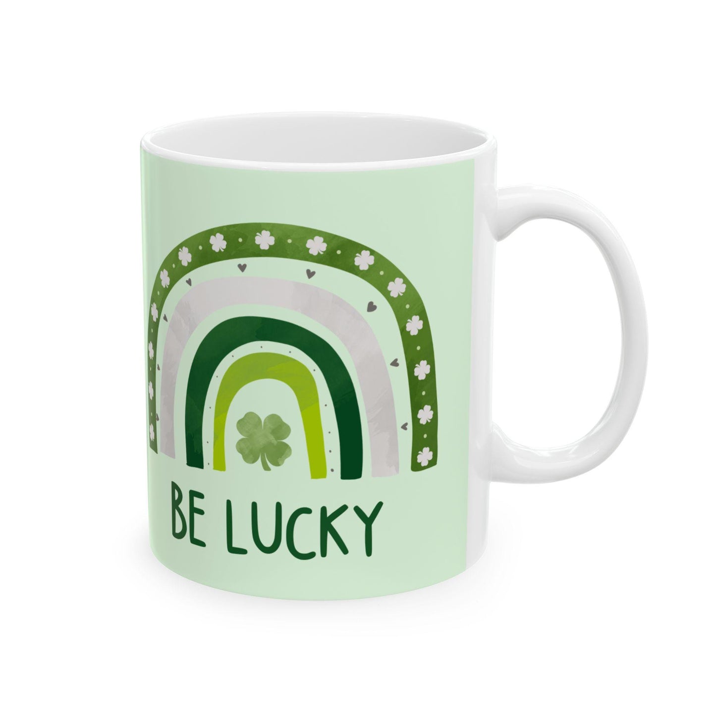 St. Patrick's Day Ceramic Mug | 4-Leaf Clover, Green Rainbow and Lucky Design | 11oz and 15oz | Irish Gift for St. Patty's Day Celebration