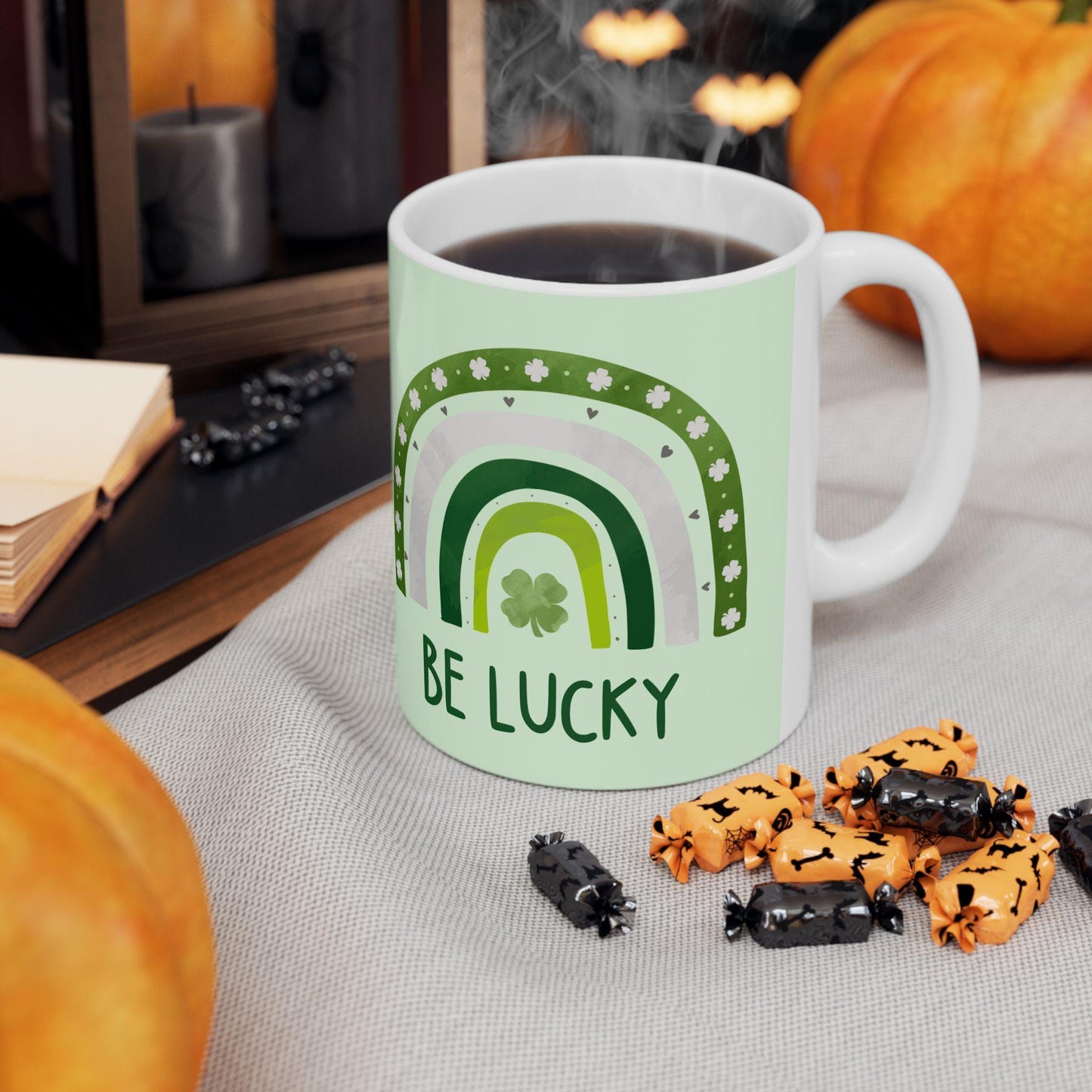 St. Patrick's Day Ceramic Mug | 4-Leaf Clover, Green Rainbow and Lucky Design | 11oz and 15oz | Irish Gift for St. Patty's Day Celebration