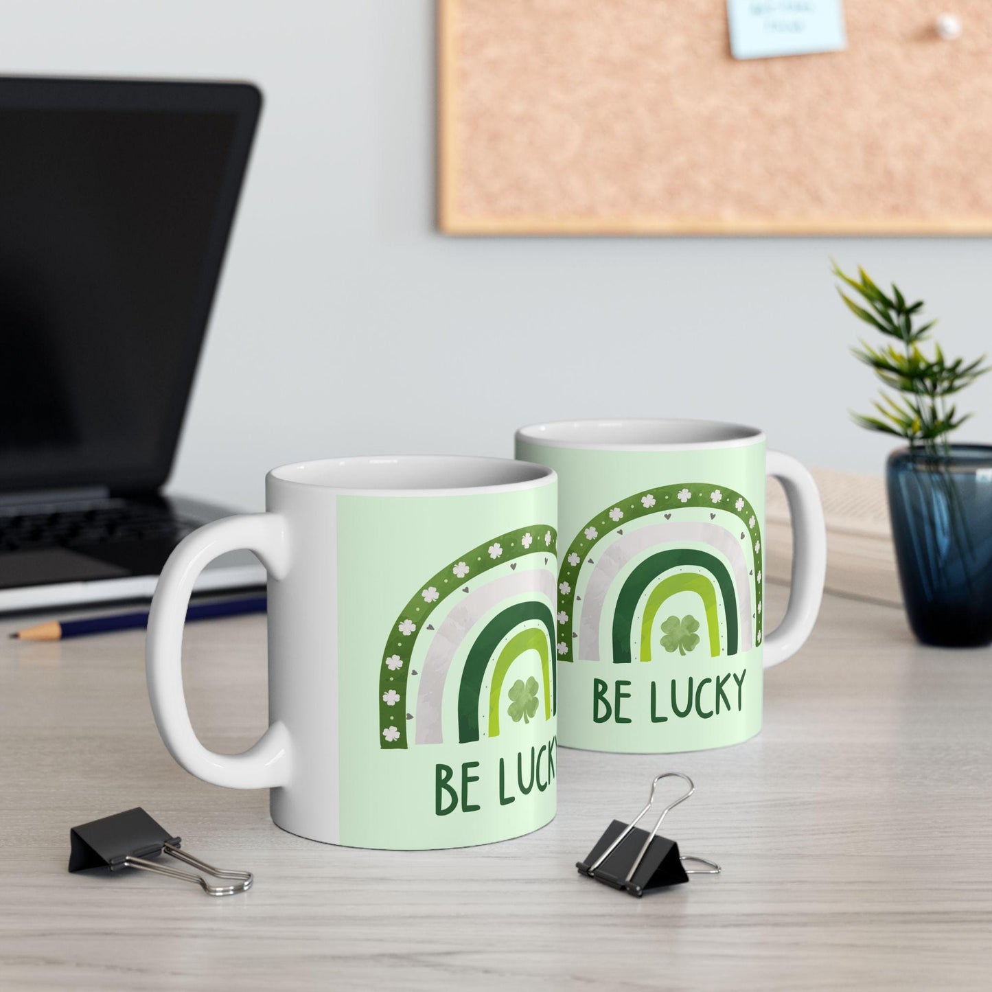 St. Patrick's Day Ceramic Mug | 4-Leaf Clover, Green Rainbow and Lucky Design | 11oz and 15oz | Irish Gift for St. Patty's Day Celebration