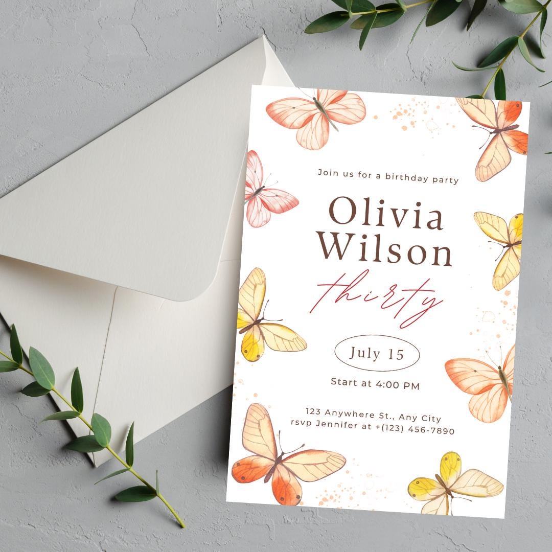 Elegant Butterfly Birthday Invitation - 30th Birthday Party Invite - Digital Download - 5.5x8.5in