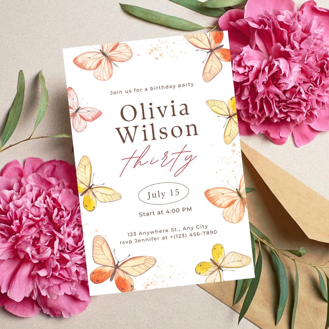 Elegant Butterfly Birthday Invitation - 30th Birthday Party Invite - Digital Download - 5.5x8.5in