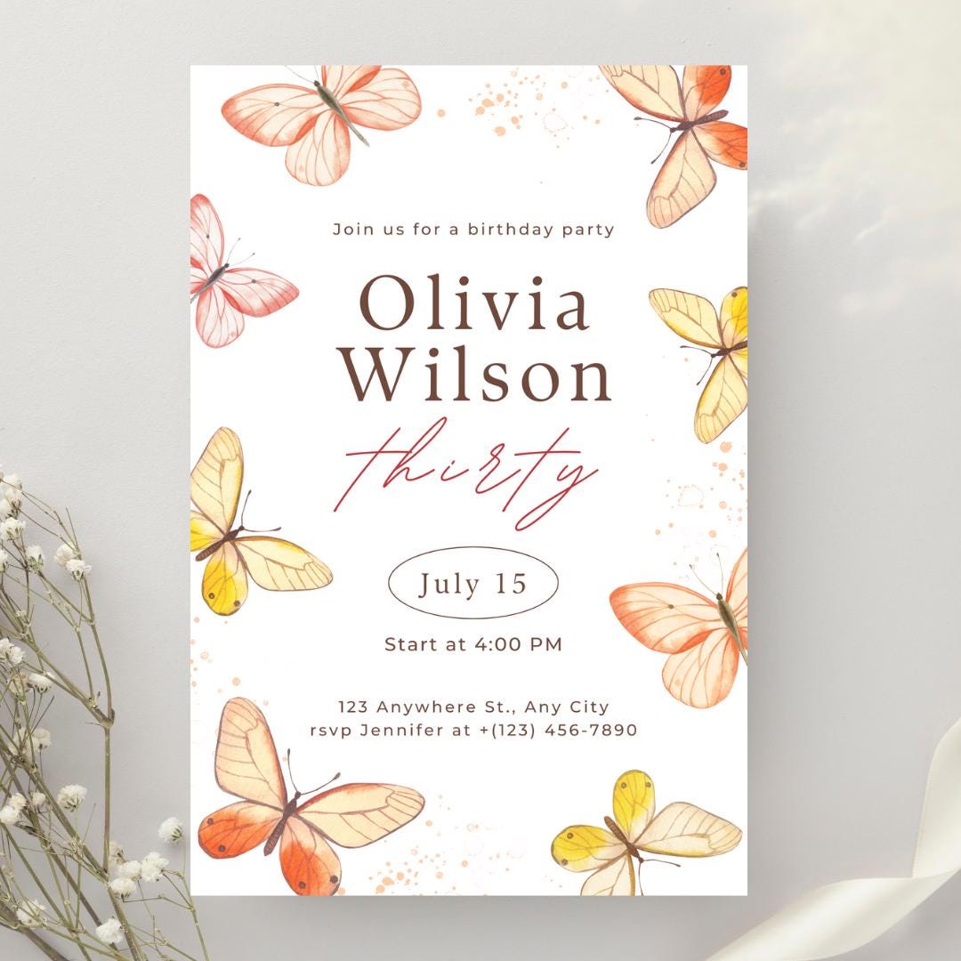 Elegant Butterfly Birthday Invitation - 30th Birthday Party Invite - Digital Download - 5.5x8.5in