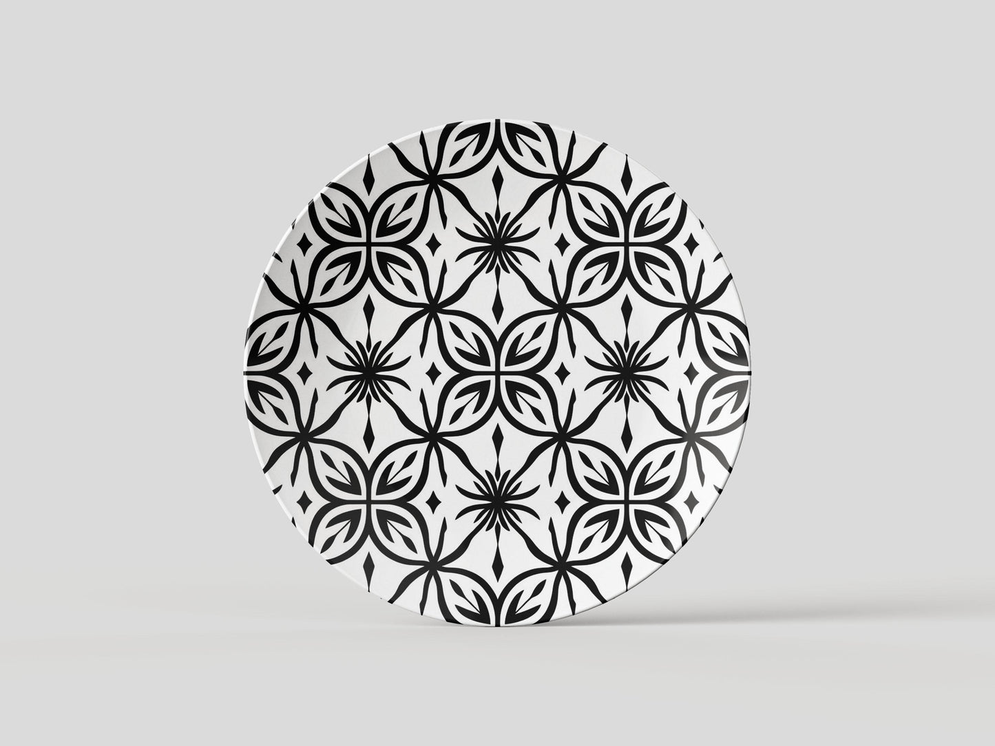 Elegant Black & White Geometric Pattern Plate | Modern Floral Tile-Inspired Dish | Stylish Minimalist Tableware for Dining and Home Decor