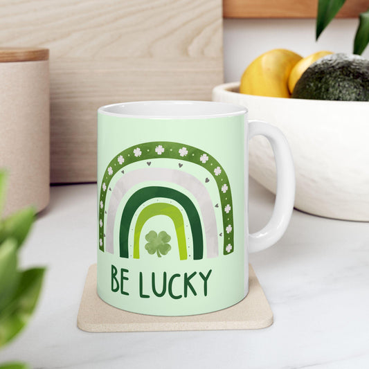 St. Patrick's Day Ceramic Mug | 4-Leaf Clover, Green Rainbow and Lucky Design | 11oz and 15oz | Irish Gift for St. Patty's Day Celebration