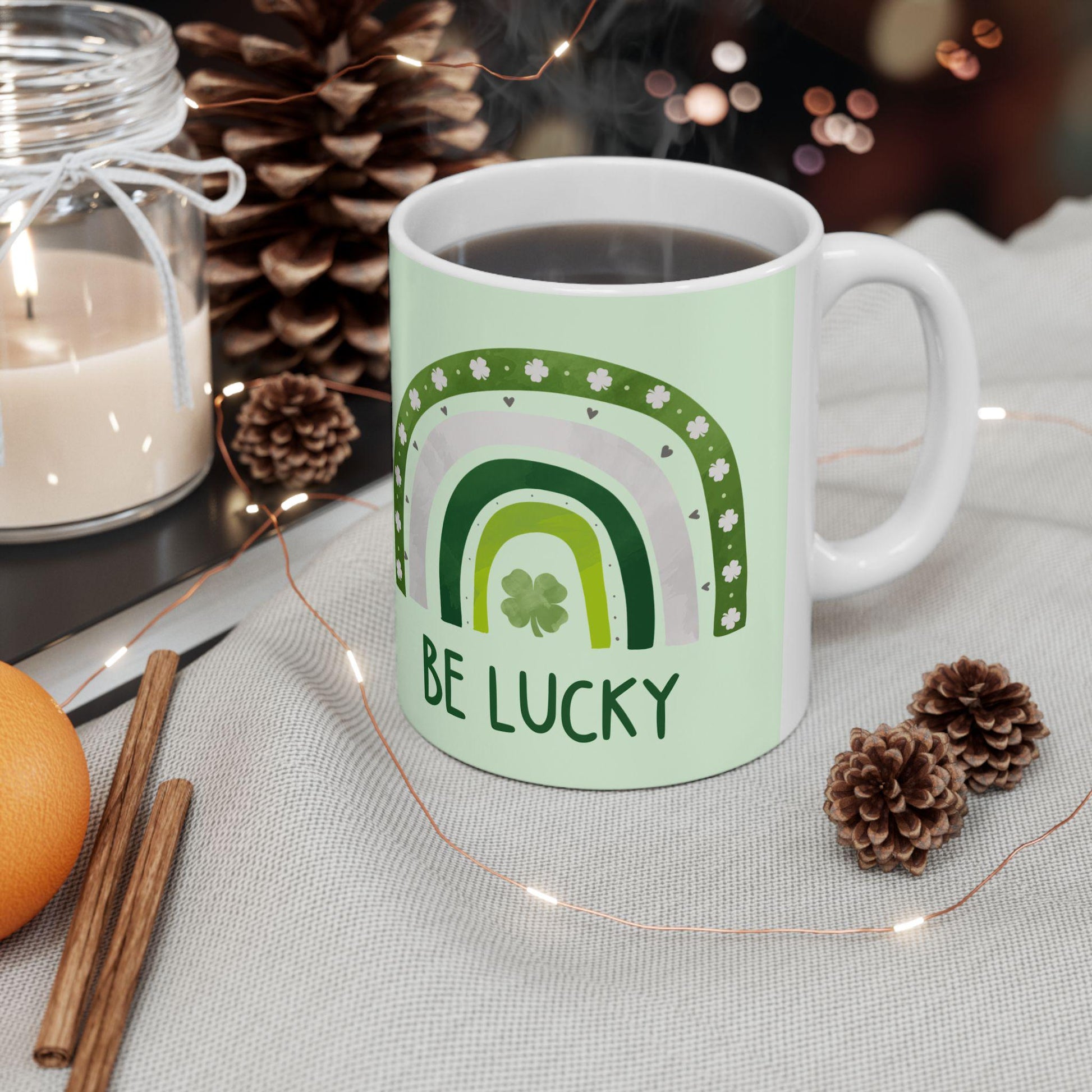 St. Patrick's Day Ceramic Mug | 4-Leaf Clover, Green Rainbow and Lucky Design | 11oz and 15oz | Irish Gift for St. Patty's Day Celebration