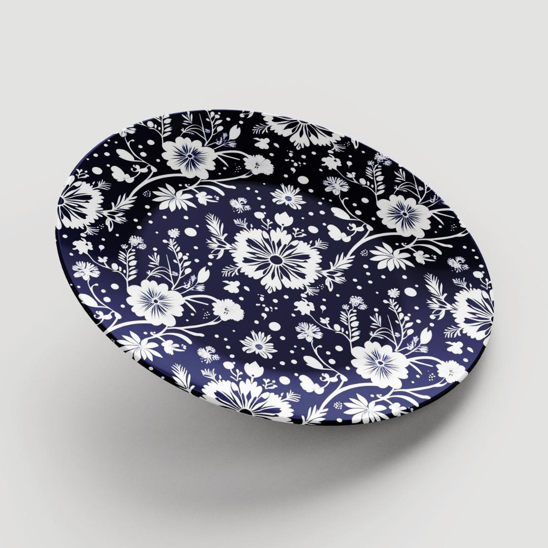 Navy and white ceramic plate A side perspective highlighting the plate’s smooth, glossy finish and subtle texture