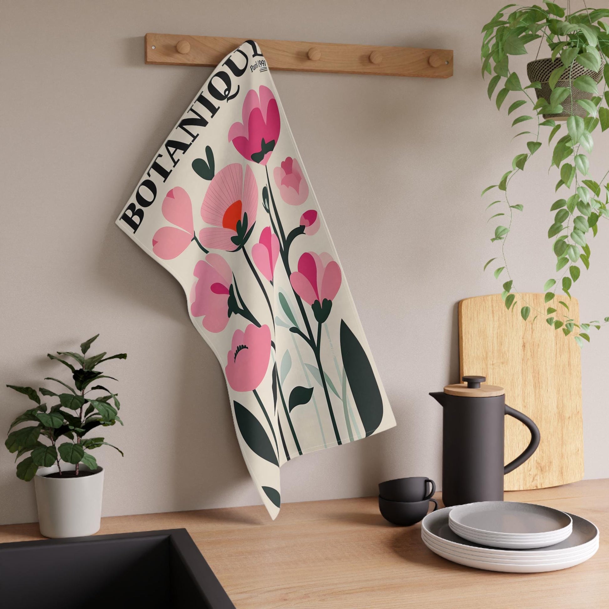 Pretty in Pink Flower Hand Towel & Dish Cloth Set, Perfect Housewarming Gift & Gift for Her, Floral Kitchen Decor