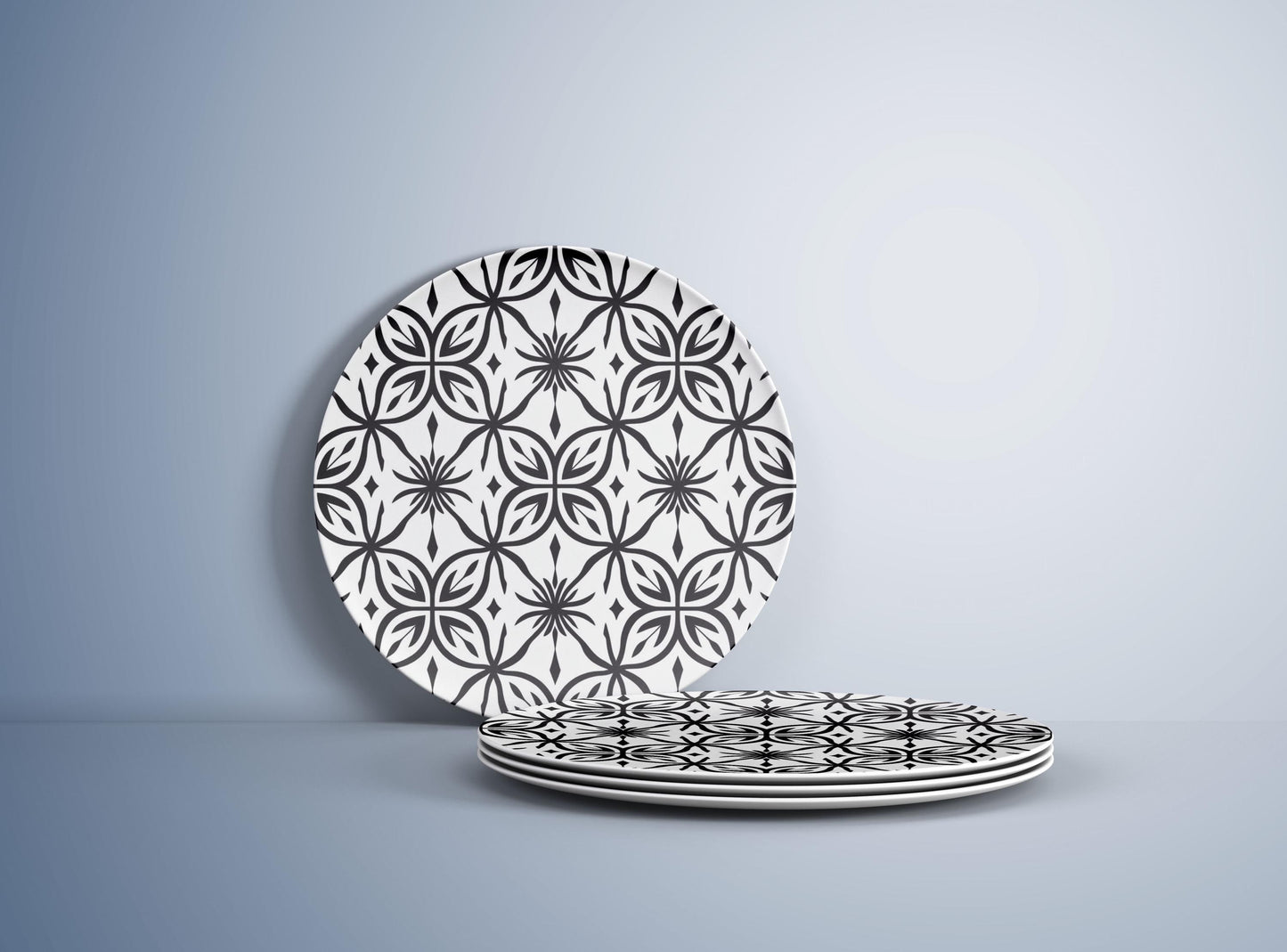 Elegant Black & White Geometric Pattern Plate | Modern Floral Tile-Inspired Dish | Stylish Minimalist Tableware for Dining and Home Decor