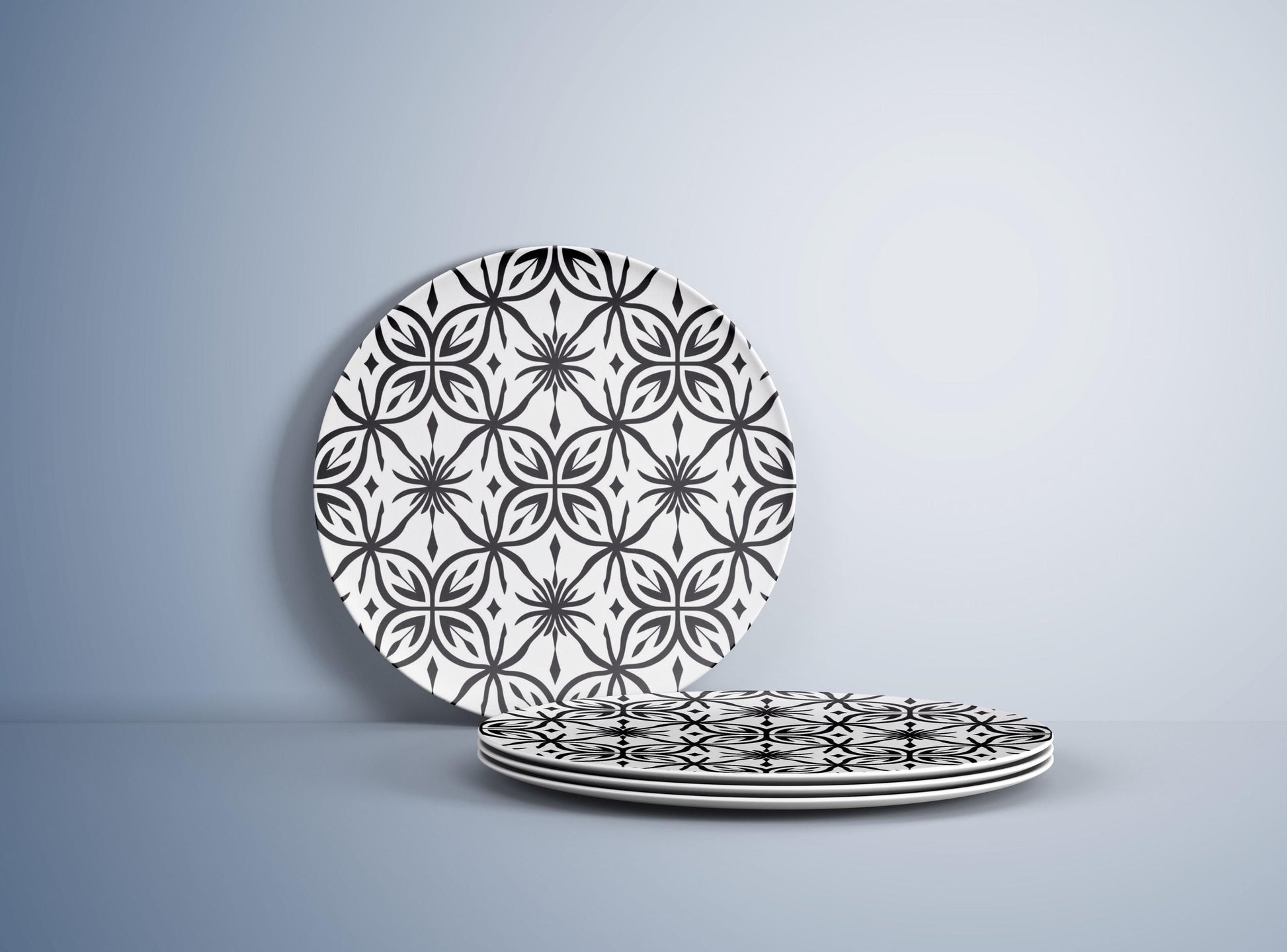 Elegant Black & White Geometric Pattern Plate | Modern Floral Tile-Inspired Dish | Stylish Minimalist Tableware for Dining and Home Decor