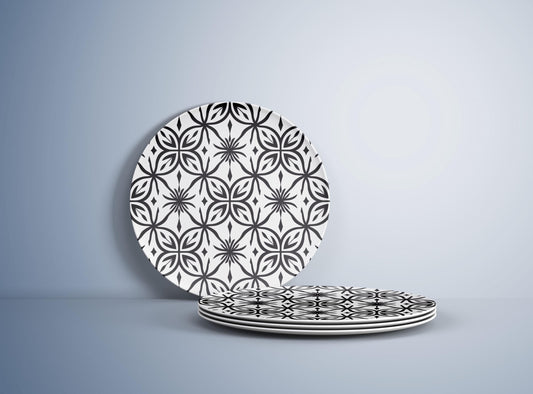 Elegant Black & White Geometric Pattern Plate | Modern Floral Tile-Inspired Dish | Stylish Minimalist Tableware for Dining and Home Decor